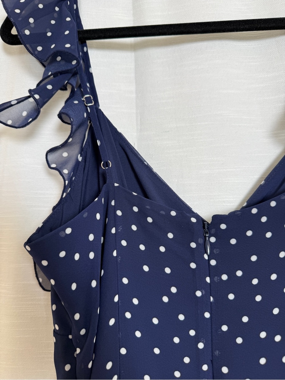 BP Navy Polka Dot Asymmetric Ruffle Tiered Maxi Dress | Size M - Picture 15 of 17